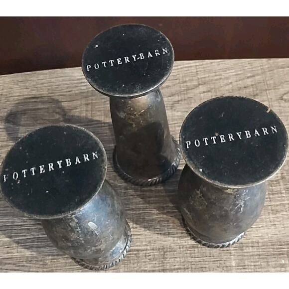 Set Of 3 Pottery Barn Silver Plated Vases Roped Trim 5" Dark Cottagecore Moody - Picture 4 of 4